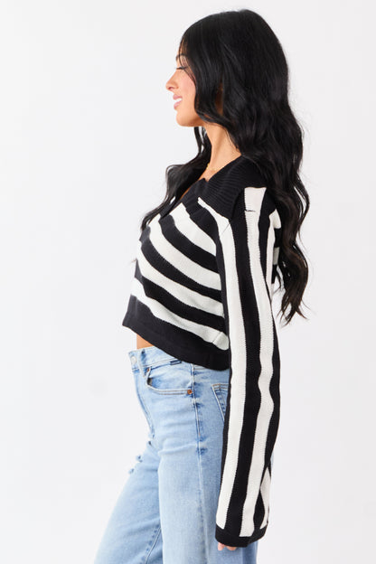 Black and Ivory Stripe Polo Style Cropped Sweater