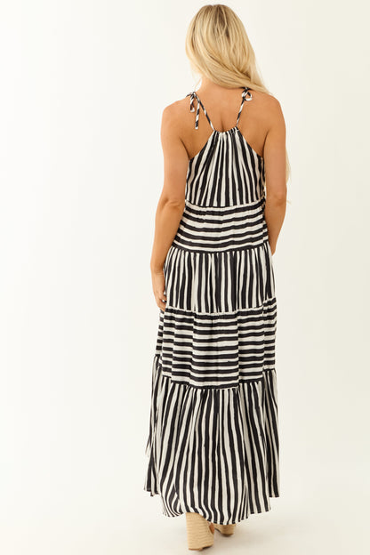 Black and White Striped Satin Sleeveless Maxi Dress