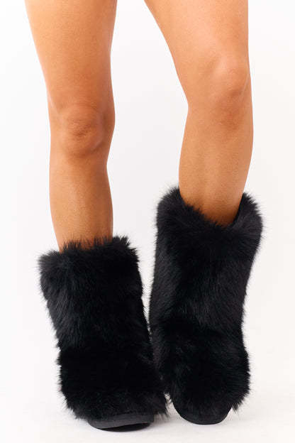 Black Faux Fur Rounded Toe Booties