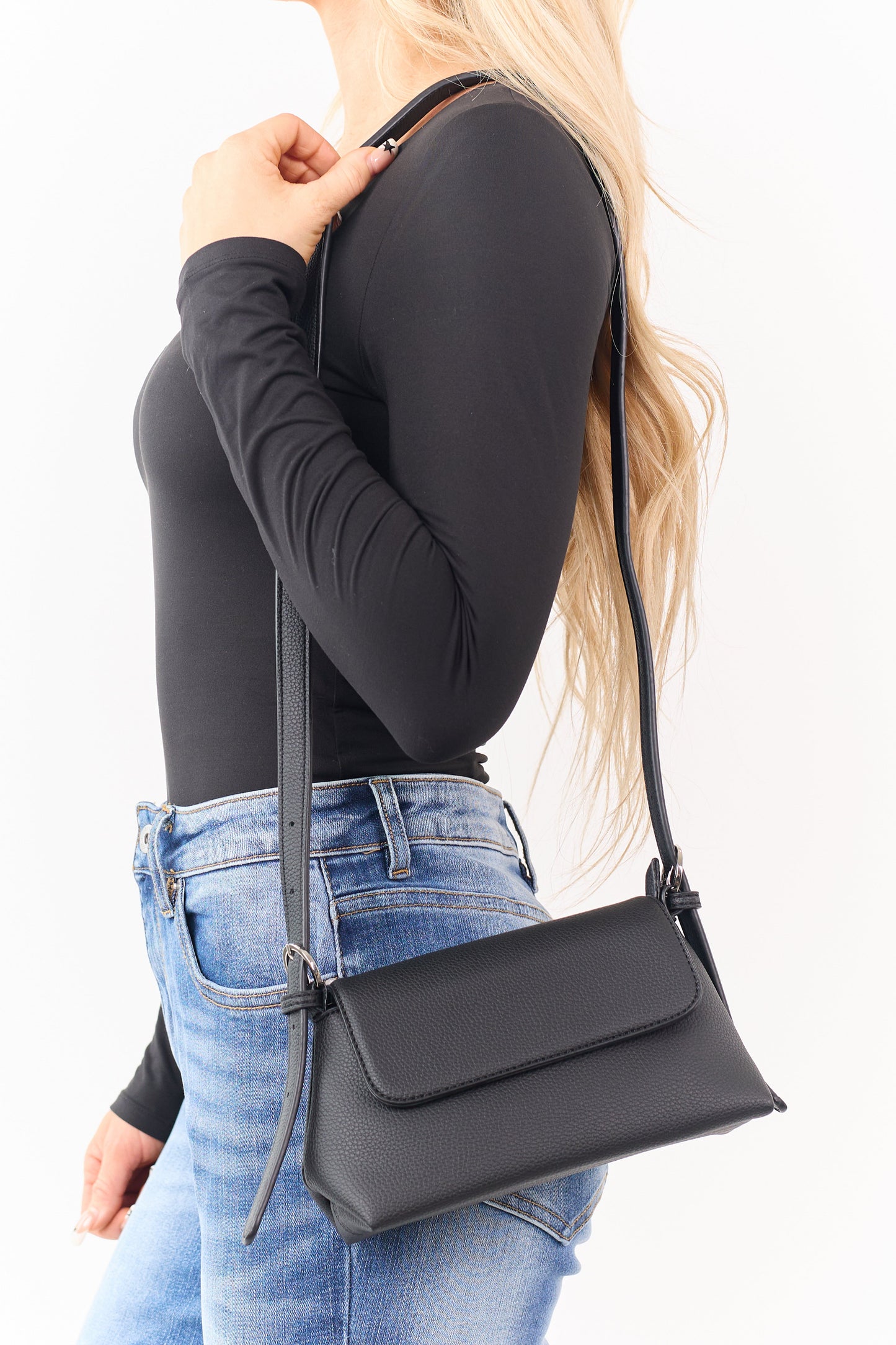 Black Faux Leather Adjustable Buckle Strap Handbag