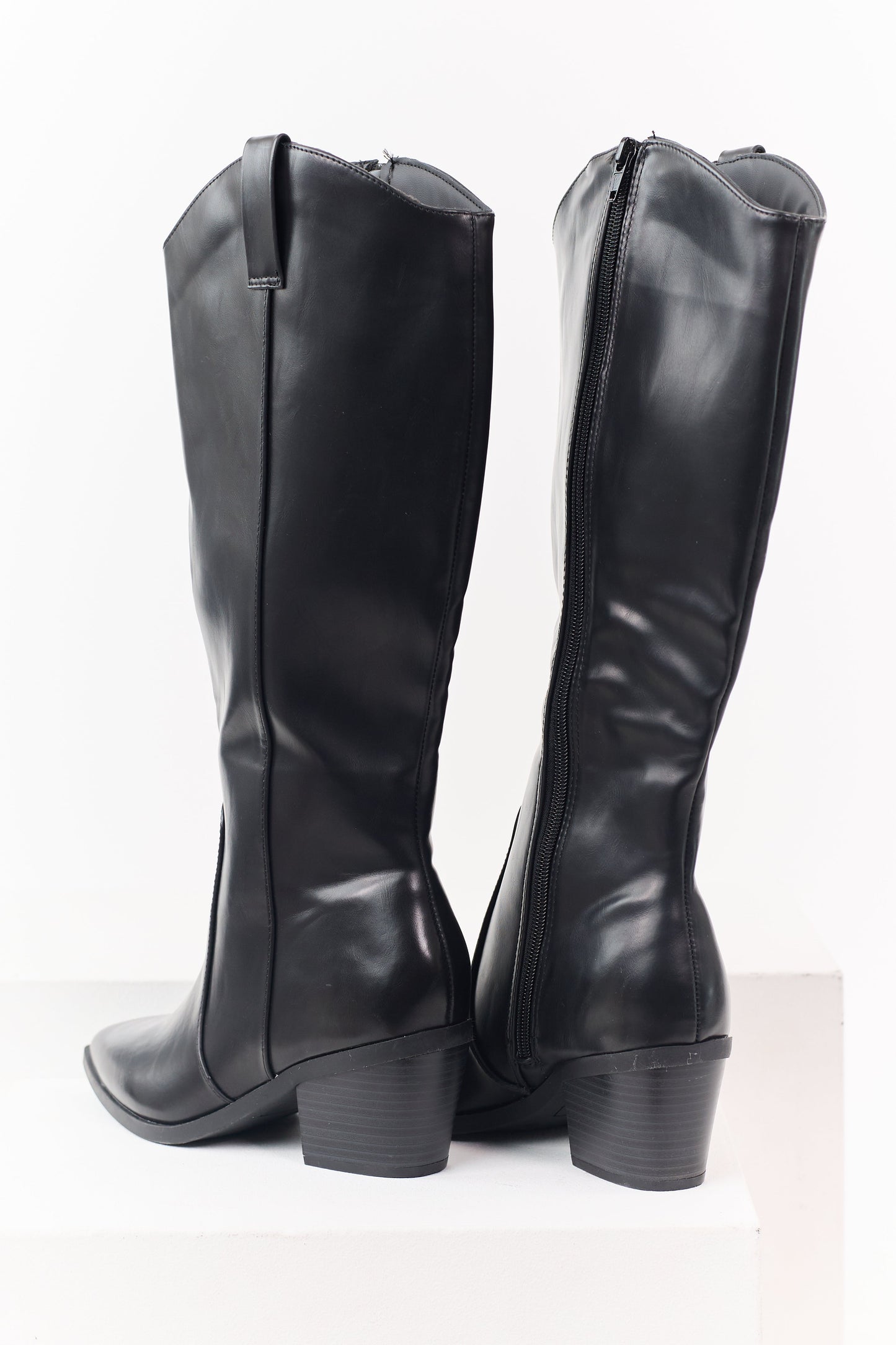 Black Faux Leather Block Heel Pointed Toe Tall Boots