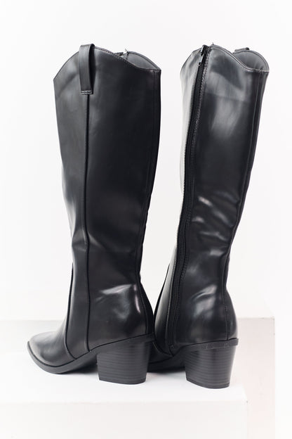 Black Faux Leather Block Heel Pointed Toe Tall Boots