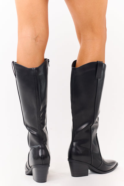 Black Faux Leather Block Heel Pointed Toe Tall Boots