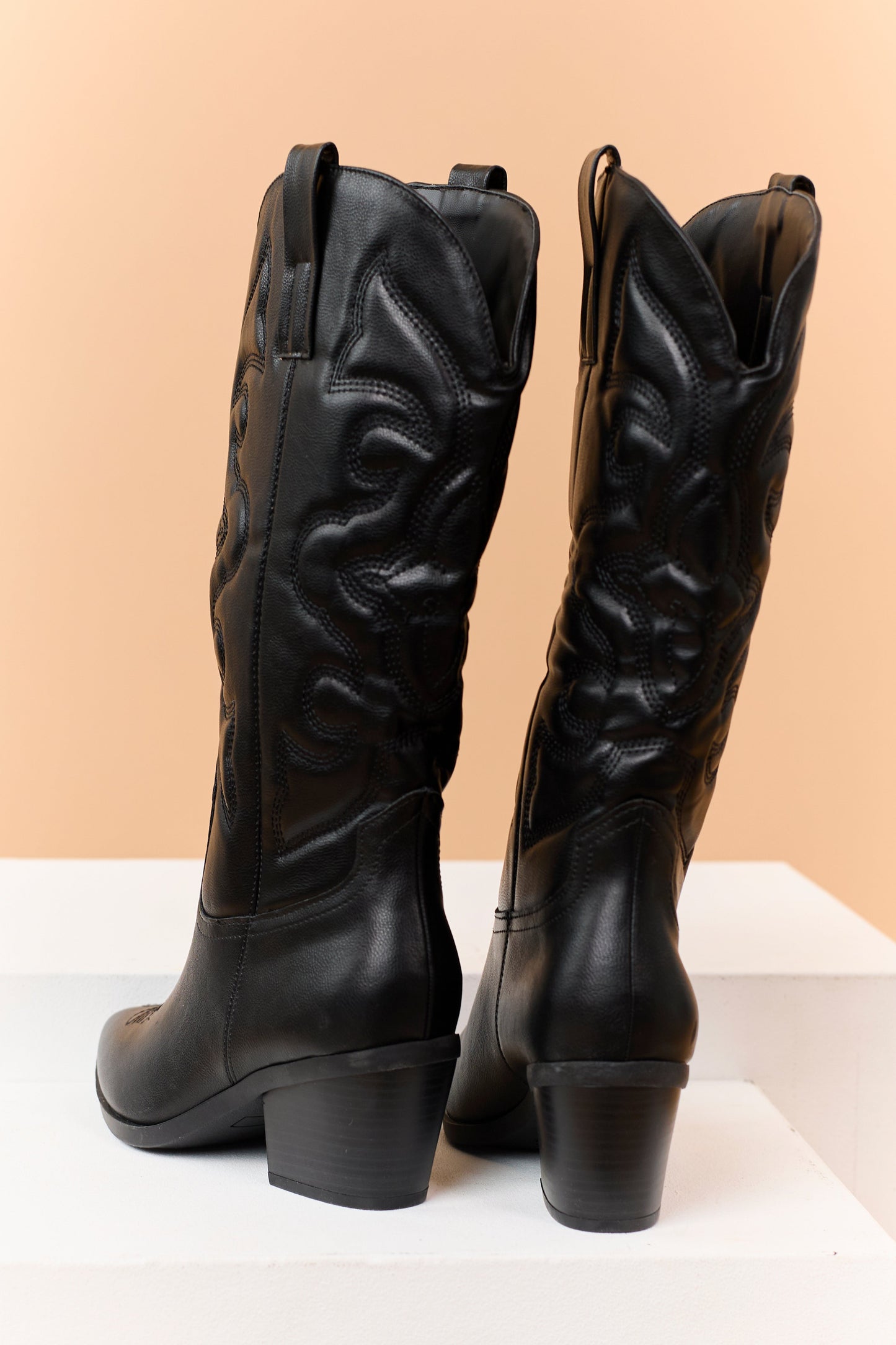 Black Faux Leather Embroidered Cowboy Boots
