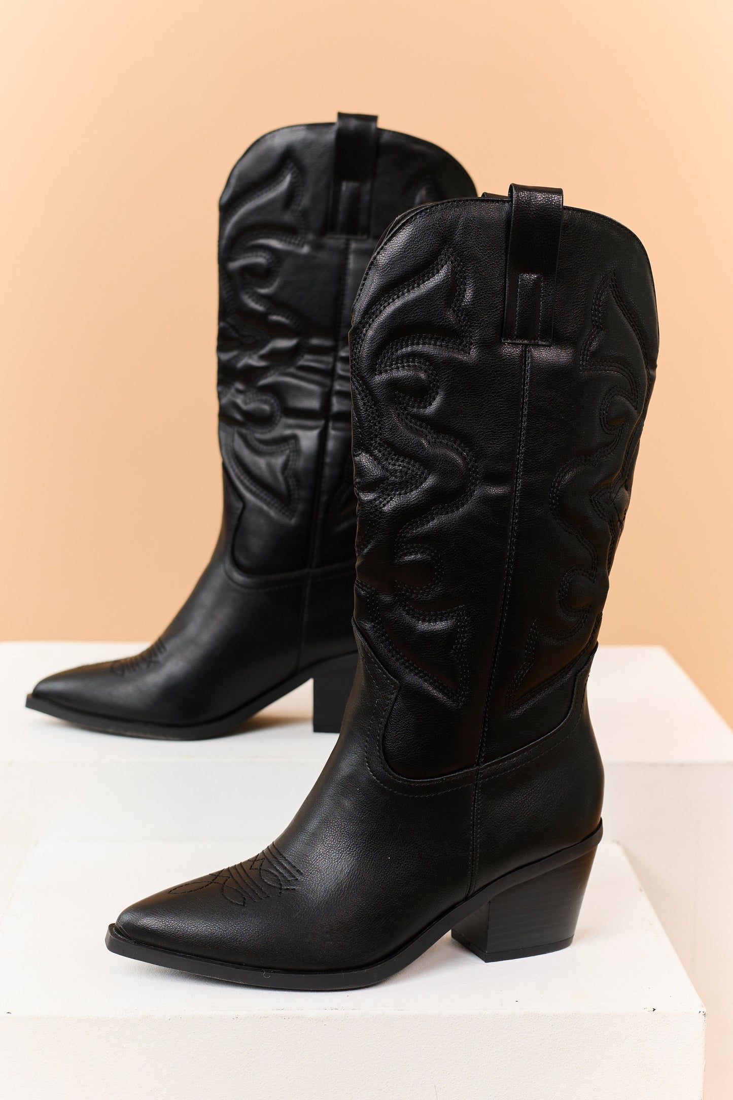 Black Faux Leather Embroidered Cowboy Boots