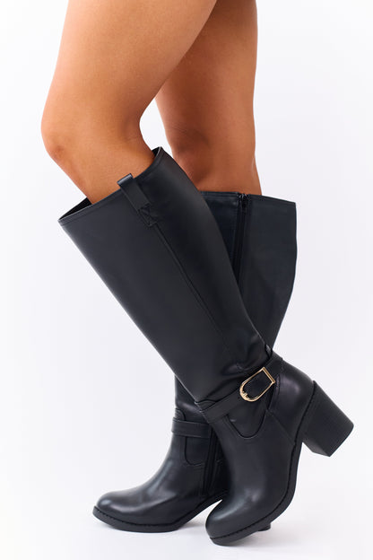 Black Faux Leather Gold Buckle Ankle Strap Boots