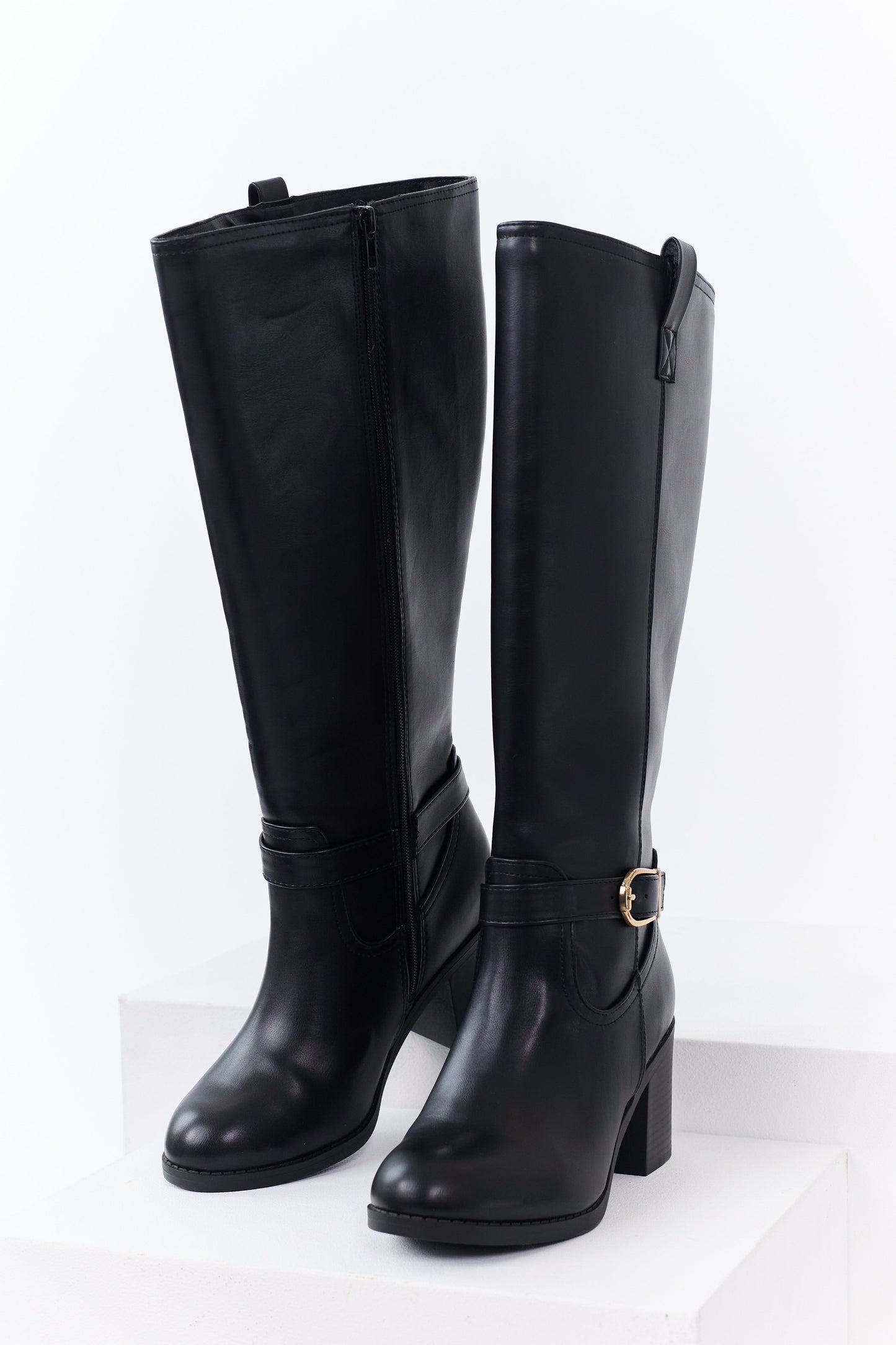 Black Faux Leather Gold Buckle Ankle Strap Boots