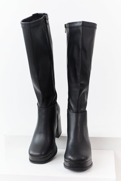 Black Faux Leather Platform Block Heel Boots