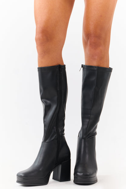 Black Faux Leather Platform Block Heel Boots