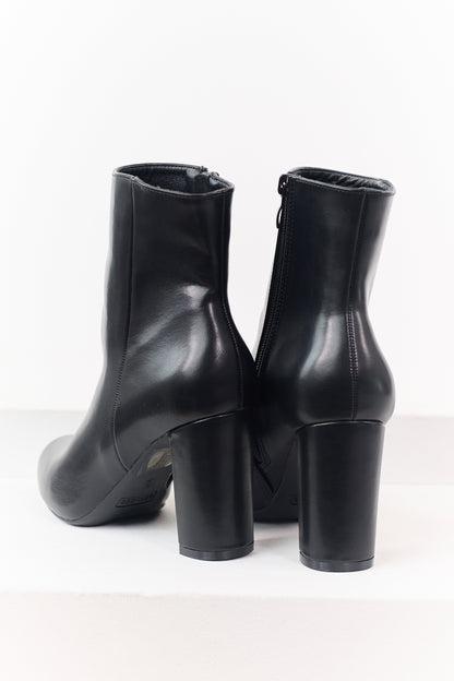 Black Faux Leather Pointed Toe Block Heel Booties
