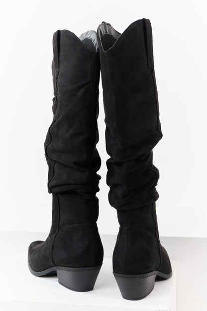 Black Microsuede Western Style Slouch Tall Boots