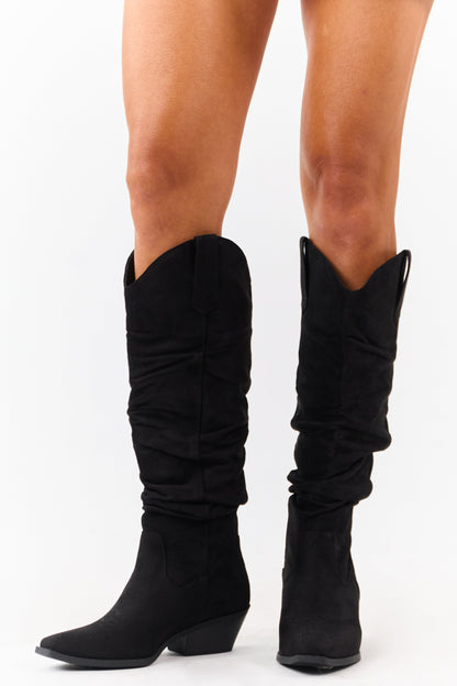 Black Microsuede Western Style Slouch Tall Boots