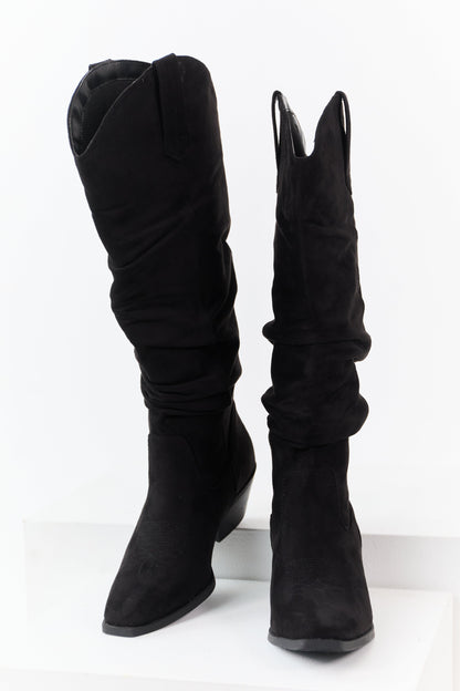 Black Microsuede Western Style Slouch Tall Boots