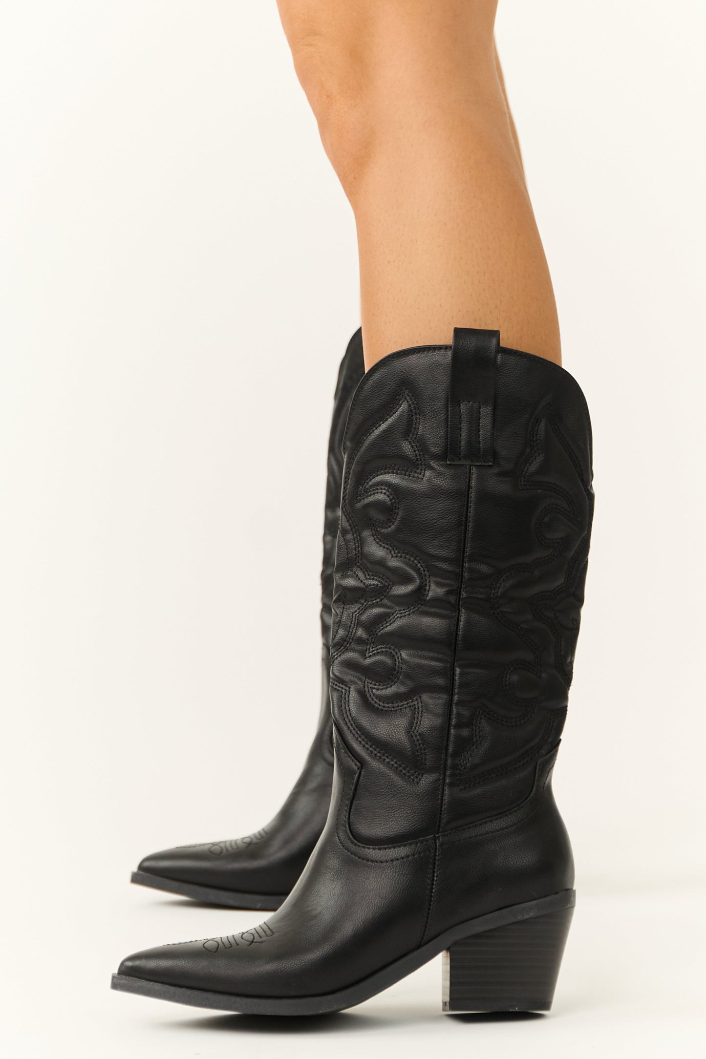 Black Faux Leather Pointed Toe Western Boots