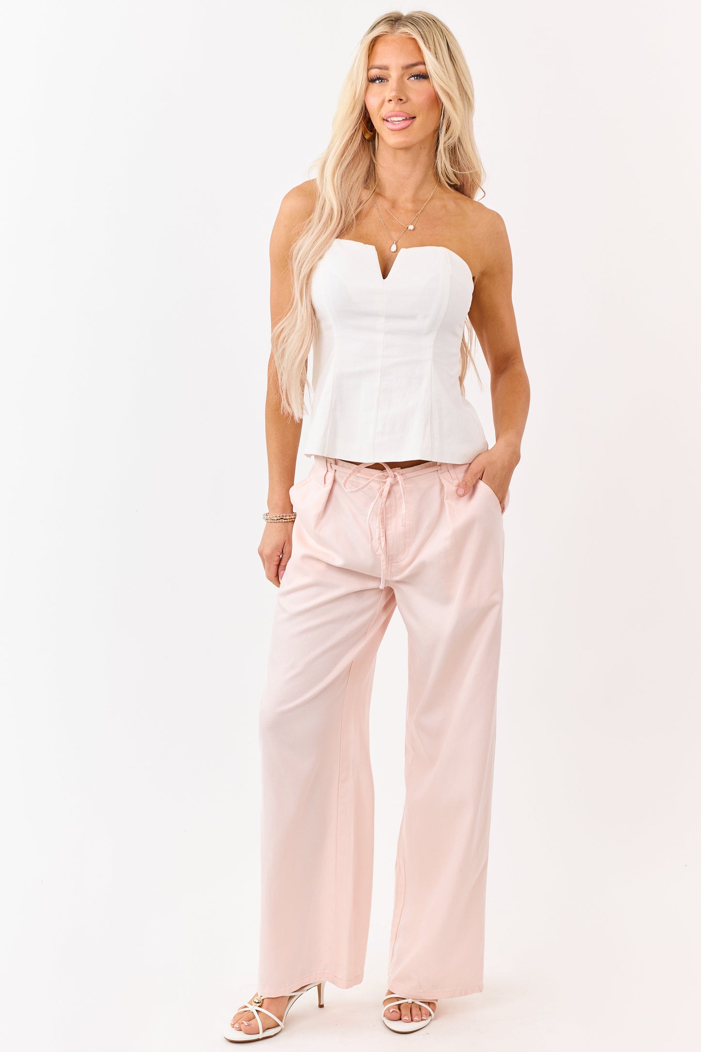Blush Pleated Tie Detail Wide Leg Pants