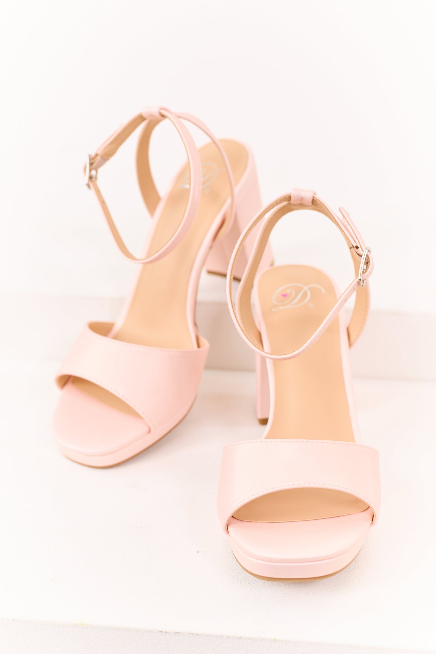 Blush Faux Leather Ankle Strap Block Heels