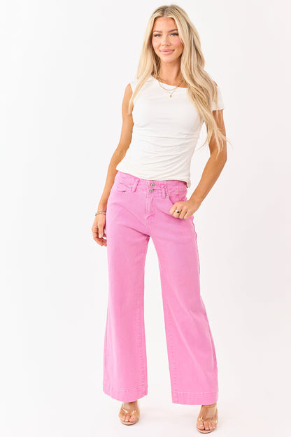 Bubblegum Stretchy Wide Leg High Rise Jeans