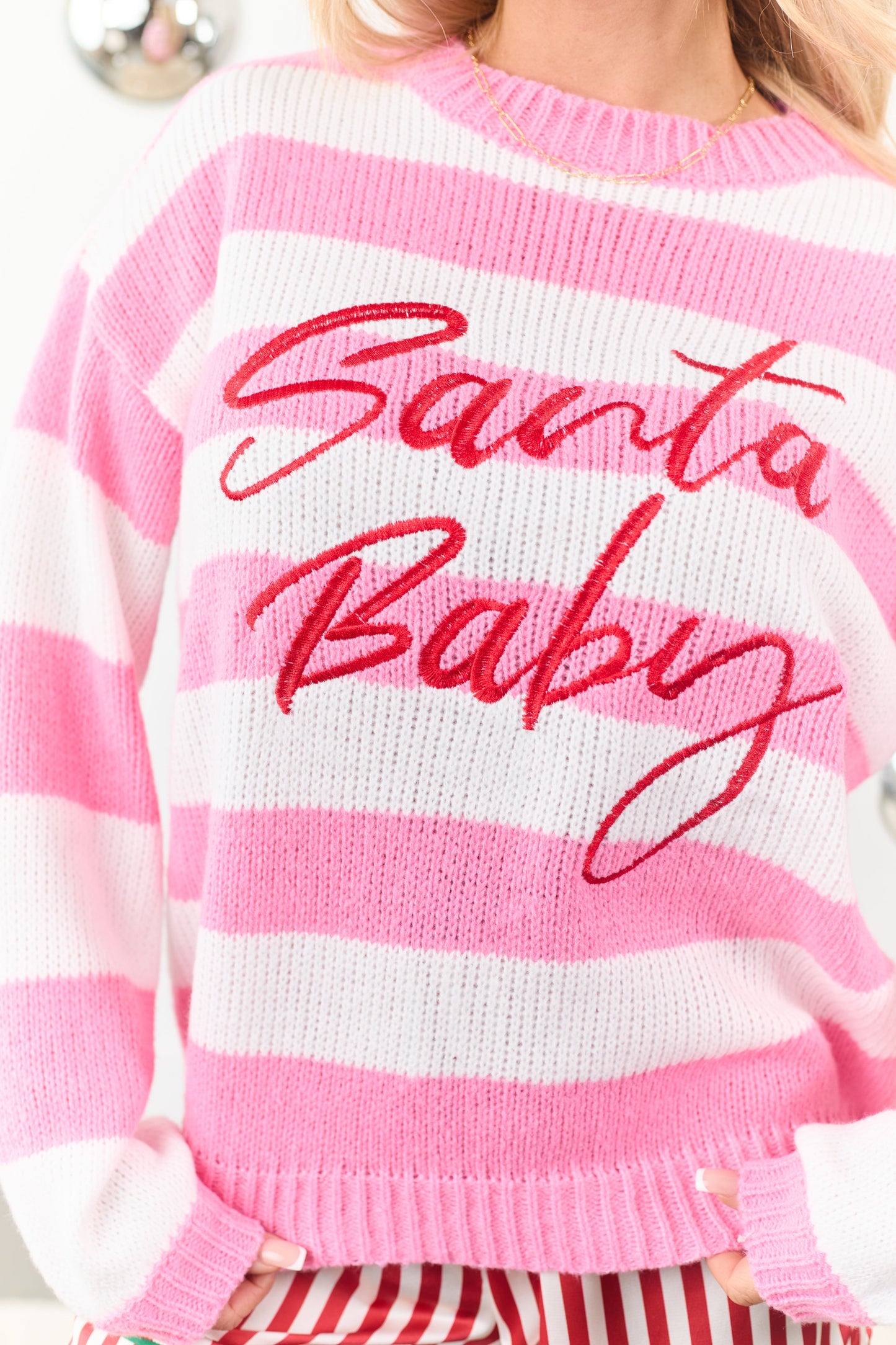 Bubblegum Striped 'Santa Baby' Holiday Graphic Sweater