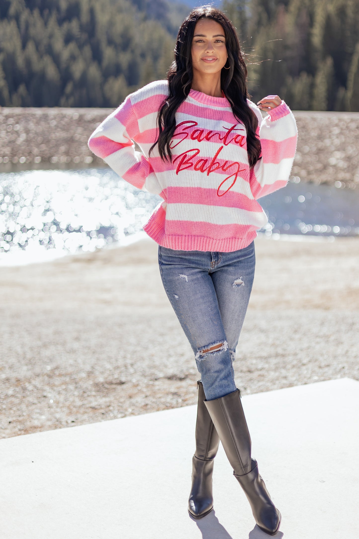 Bubblegum Striped 'Santa Baby' Holiday Graphic Sweater