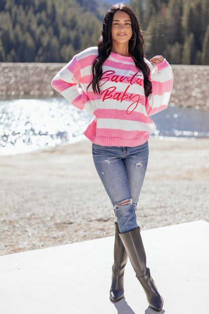 Bubblegum Striped 'Santa Baby' Holiday Graphic Sweater