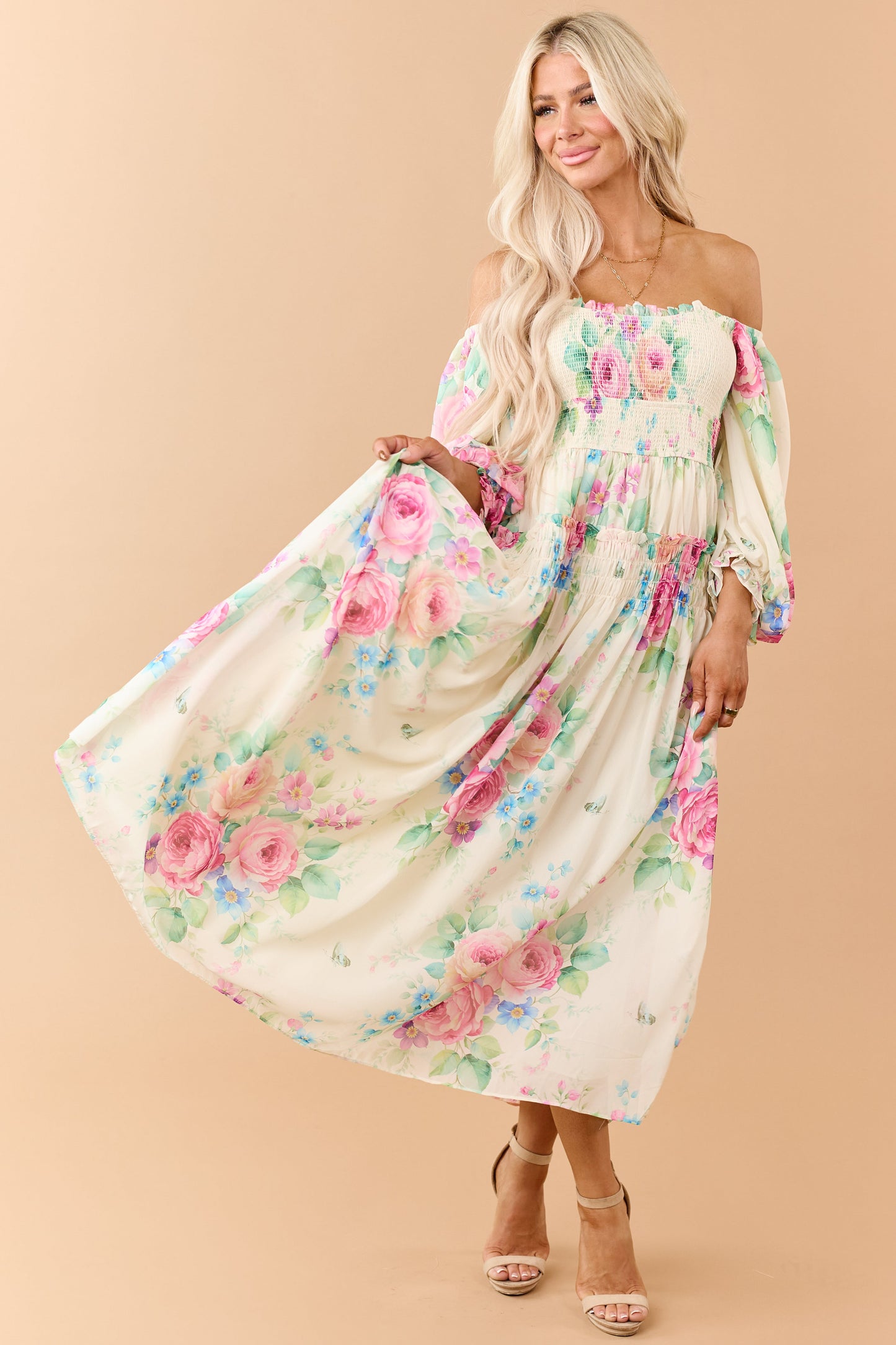 Buttercream Chiffon Floral Print Maxi Dress