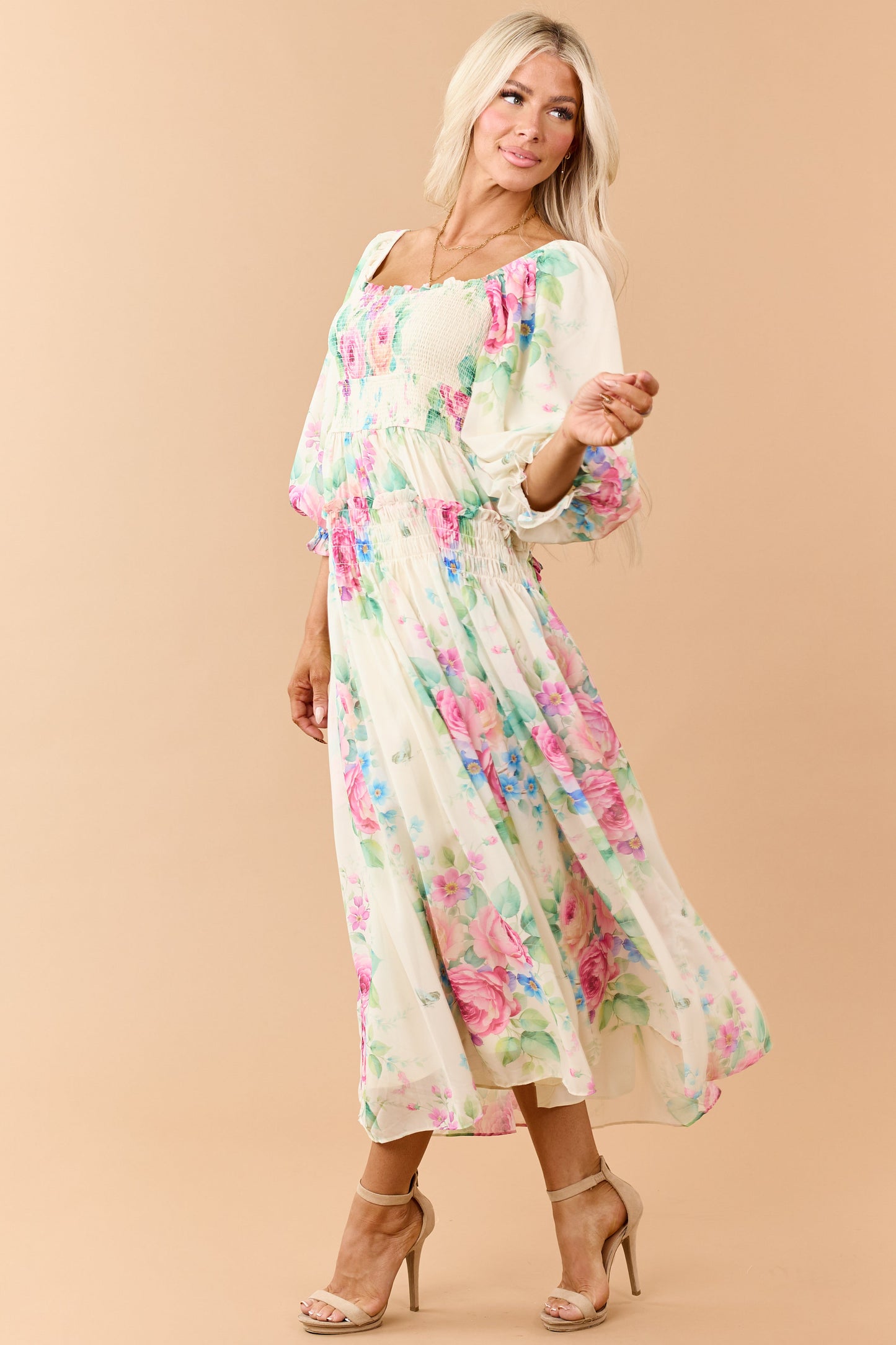 Buttercream Chiffon Floral Print Maxi Dress