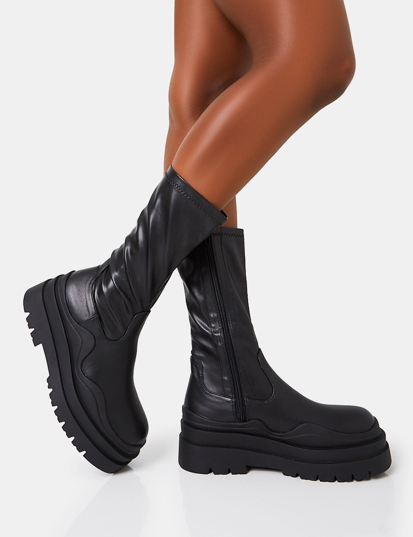 Cam Black Chunky Platform Round Toe PU High Boots