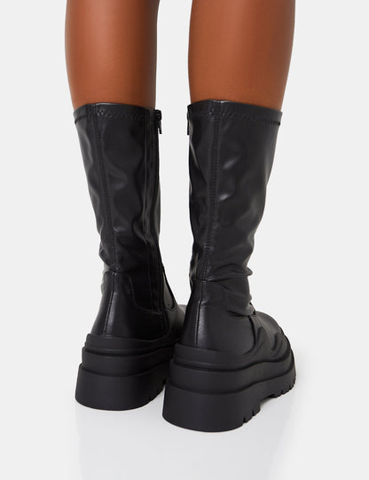 Cam Black Chunky Platform Round Toe PU High Boots