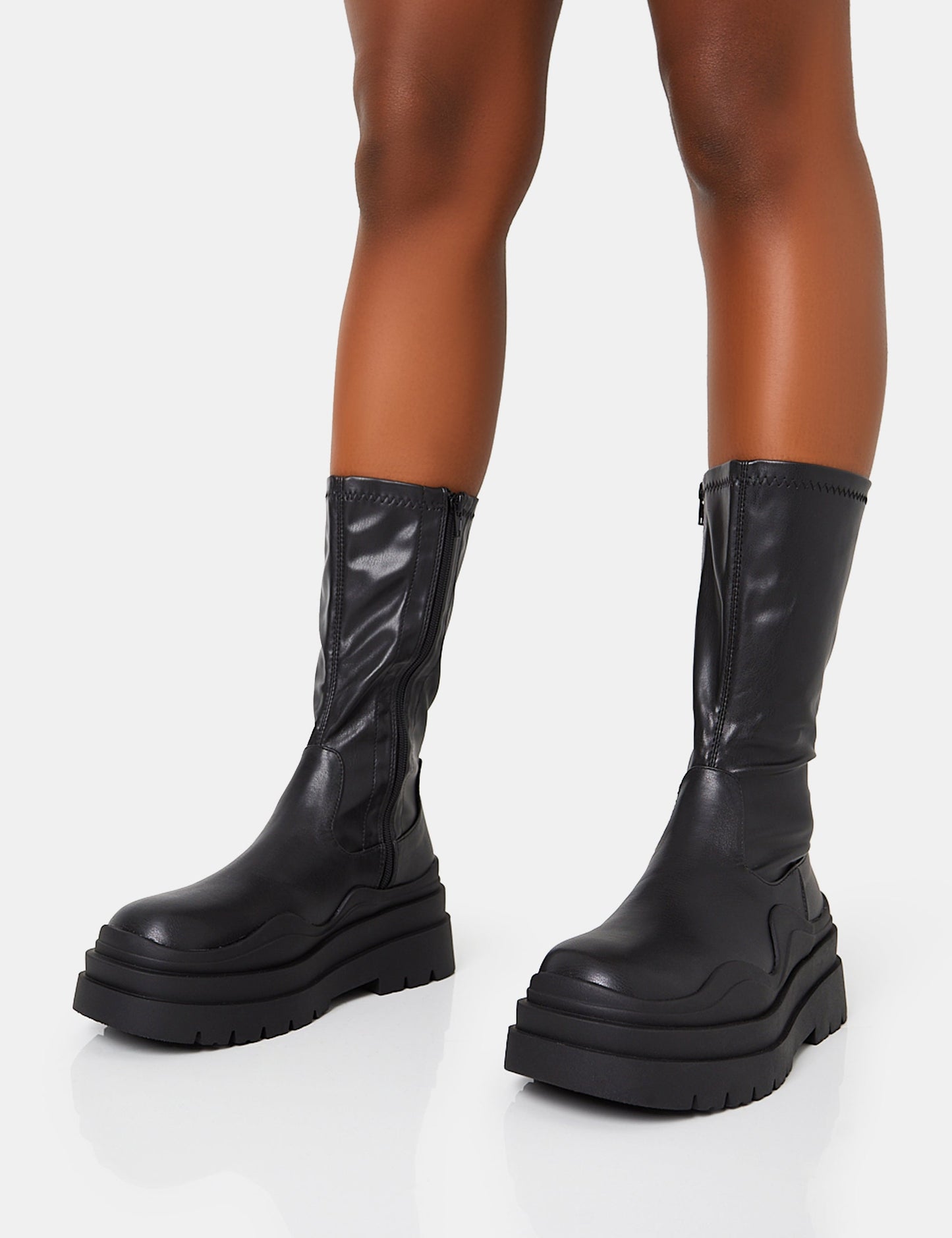 Cam Black Chunky Platform Round Toe PU High Boots
