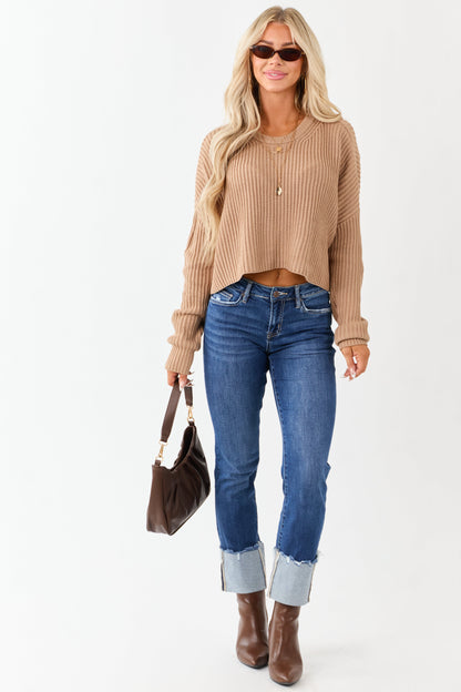 Camel Relaxed Rib Knit Crew Neck Cropped Sweater