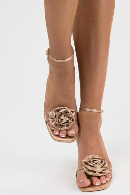 Camel Satin Flower Strap Dress Heels