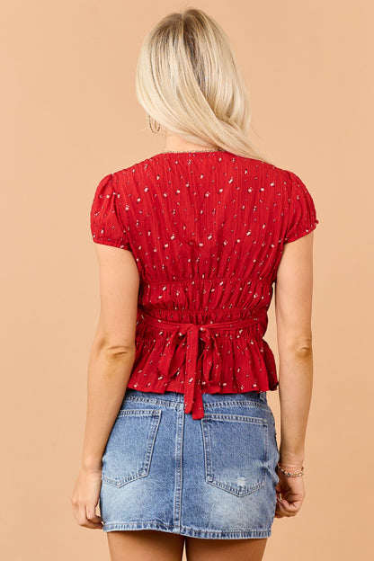 Candy Apple Red Floral Smocked Peplum Top