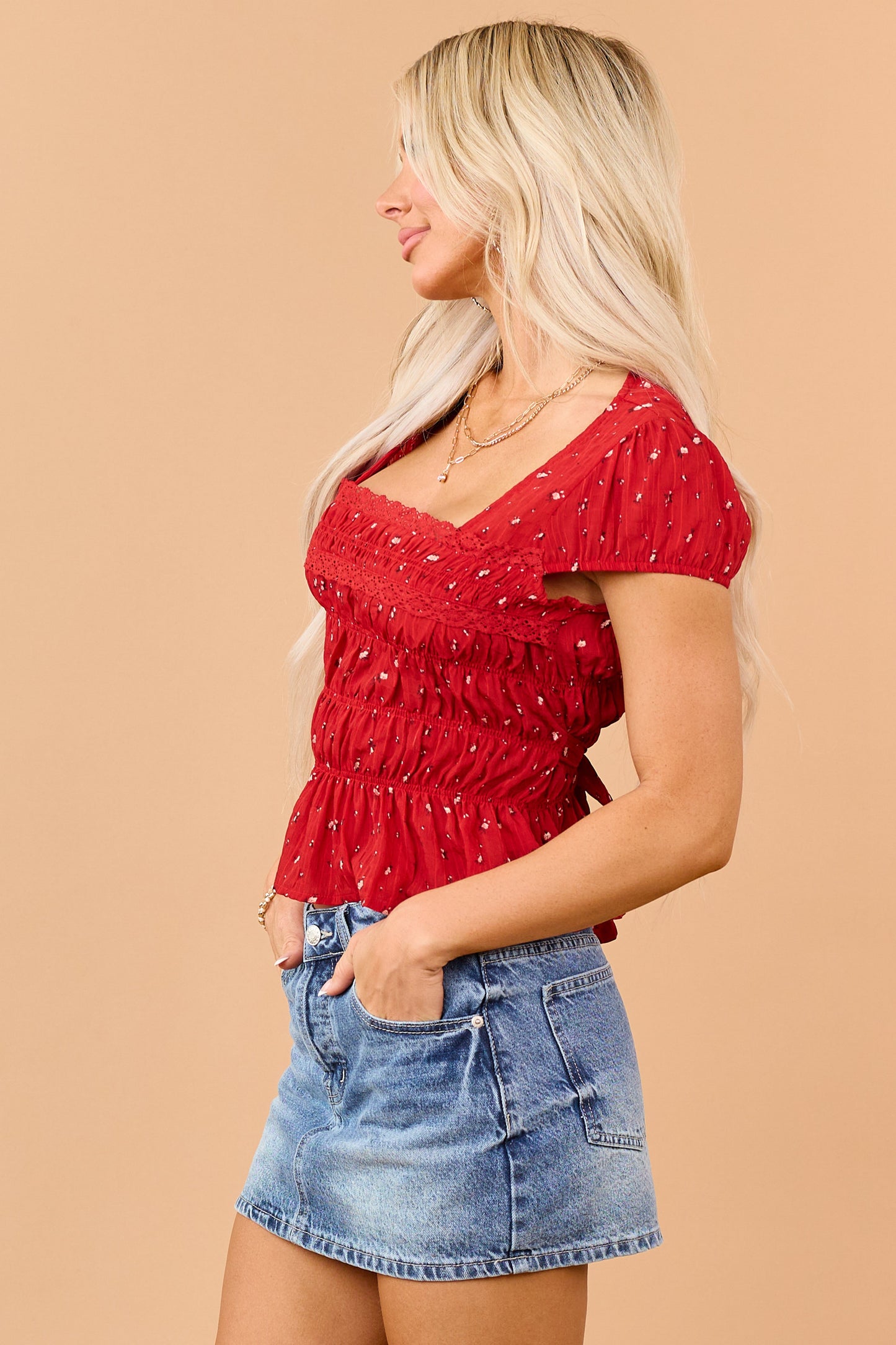 Candy Apple Red Floral Smocked Peplum Top