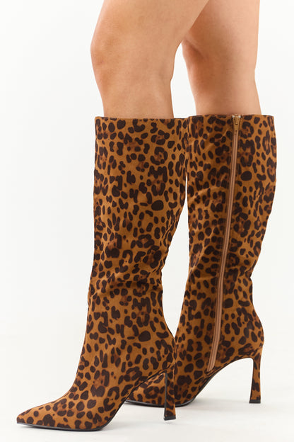 Caramel Faux Suede Leopard Print Stiletto Tall Boots