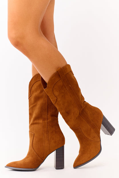 Caramel Faux Suede Western Block Heel Tall Boots