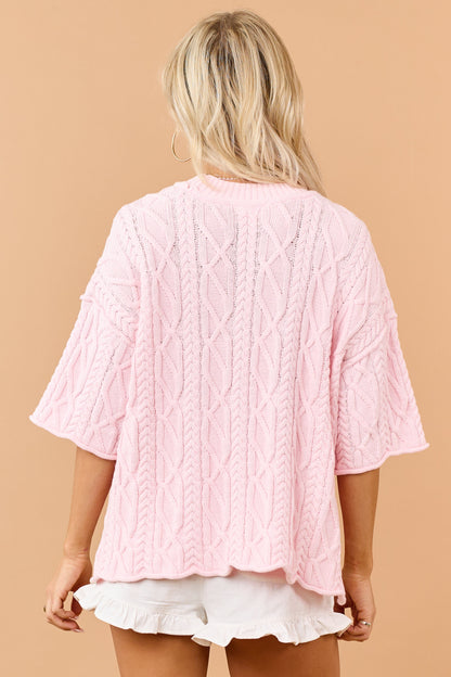 Carnation Cotton Cable Knit Half Sleeve Sweater