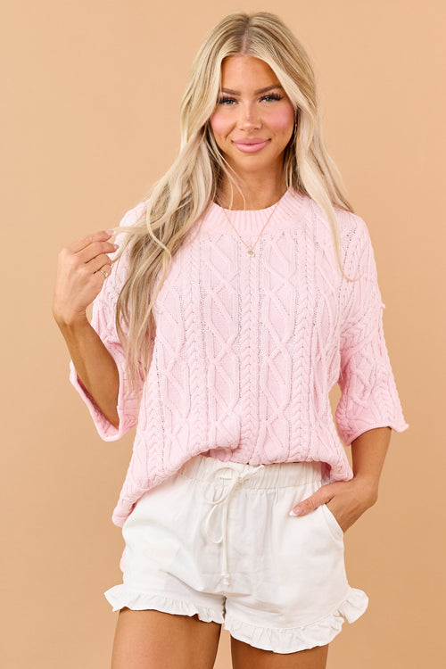 Carnation Cotton Cable Knit Half Sleeve Sweater
