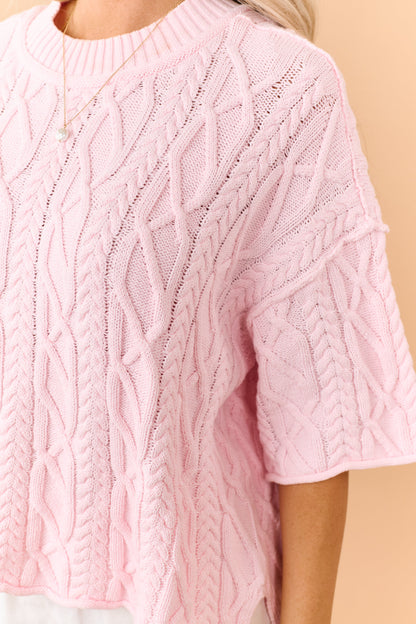 Carnation Cotton Cable Knit Half Sleeve Sweater