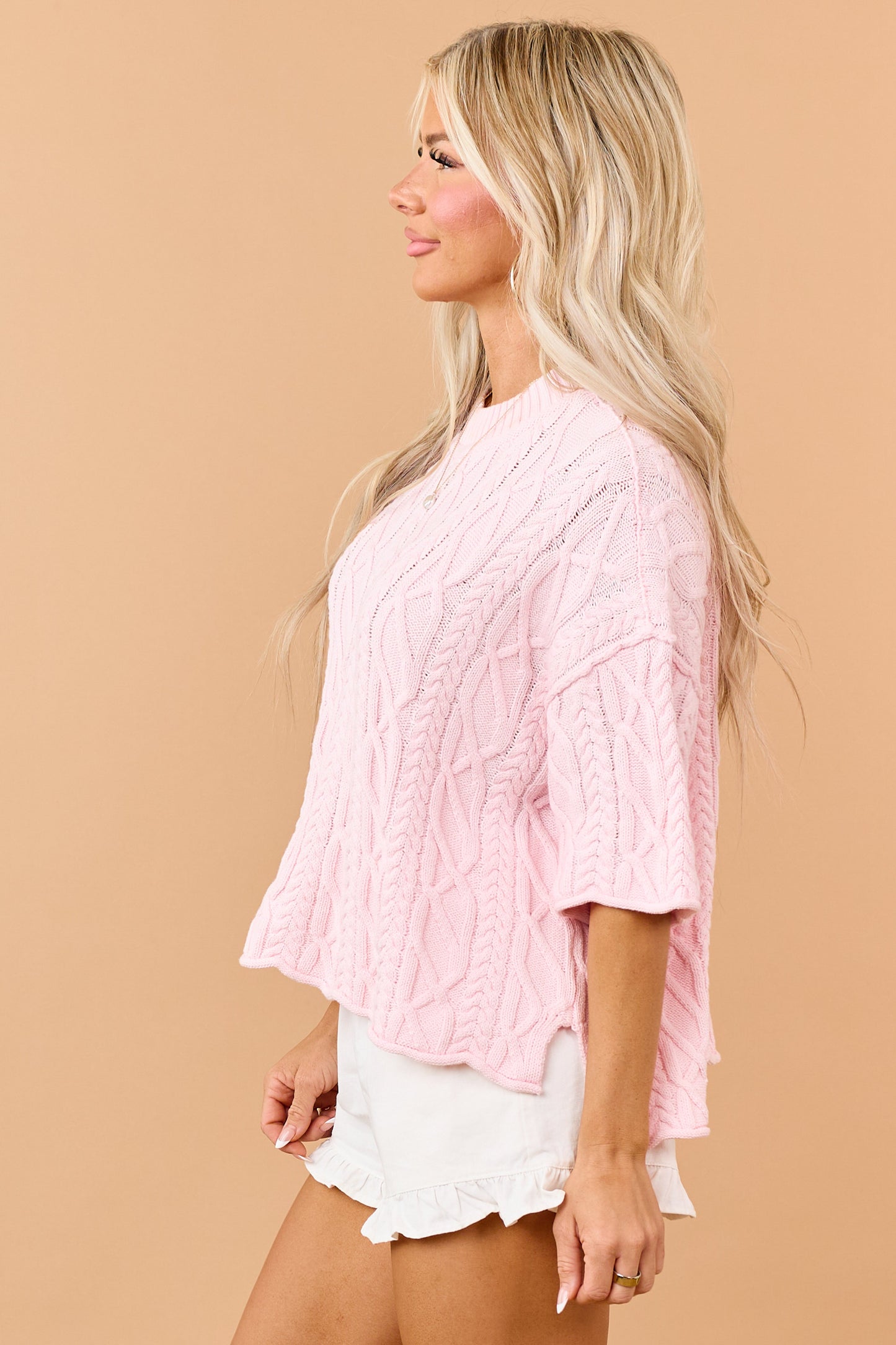 Carnation Cotton Cable Knit Half Sleeve Sweater