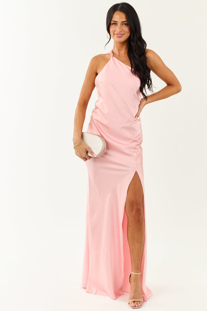 Carnation One Shoulder Satin Slit Maxi Scarf Dress