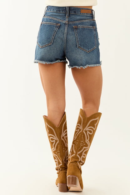 Cello Dark Wash Distressed Raw Hem Denim Shorts