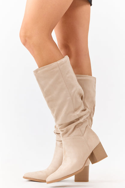 Champagne Microsuede Slouch Block Heel Tall Boots