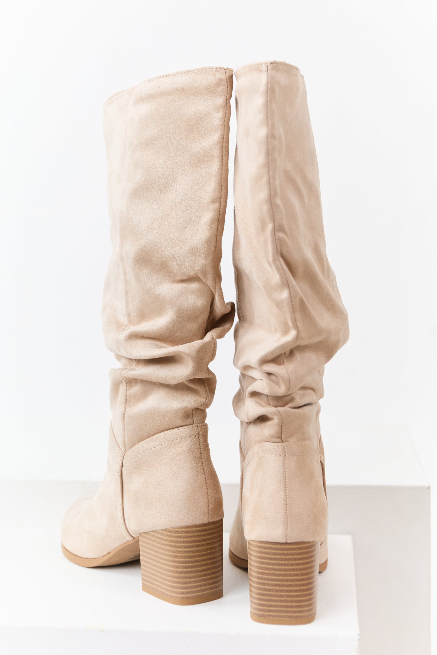Champagne Microsuede Slouch Block Heel Tall Boots