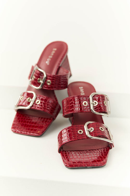 Dark Cherry Open Toed Double Buckle Strap Heels