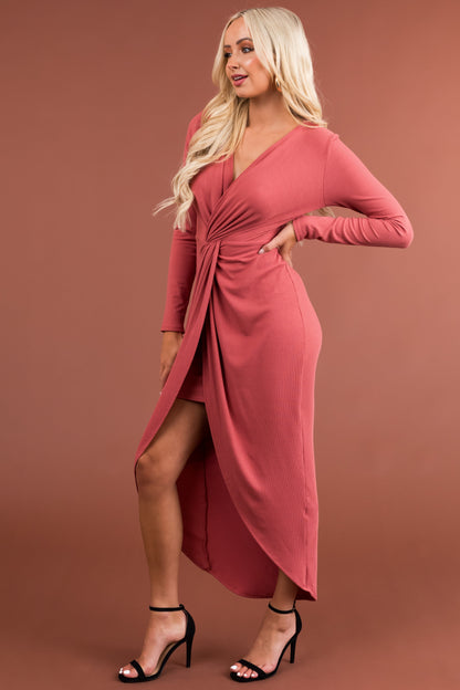 Chloe Marsala Long Sleeve Twist Knot Midi Dress
