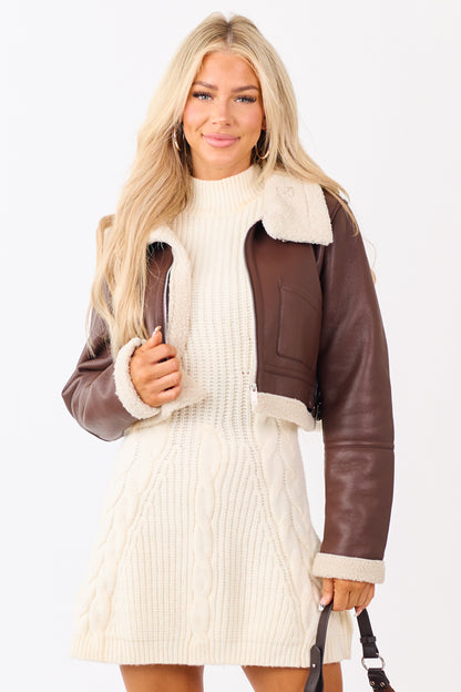 Chocolate Faux Leather Sherpa Lined Jacket
