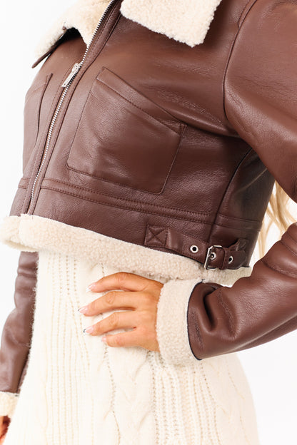 Chocolate Faux Leather Sherpa Lined Jacket