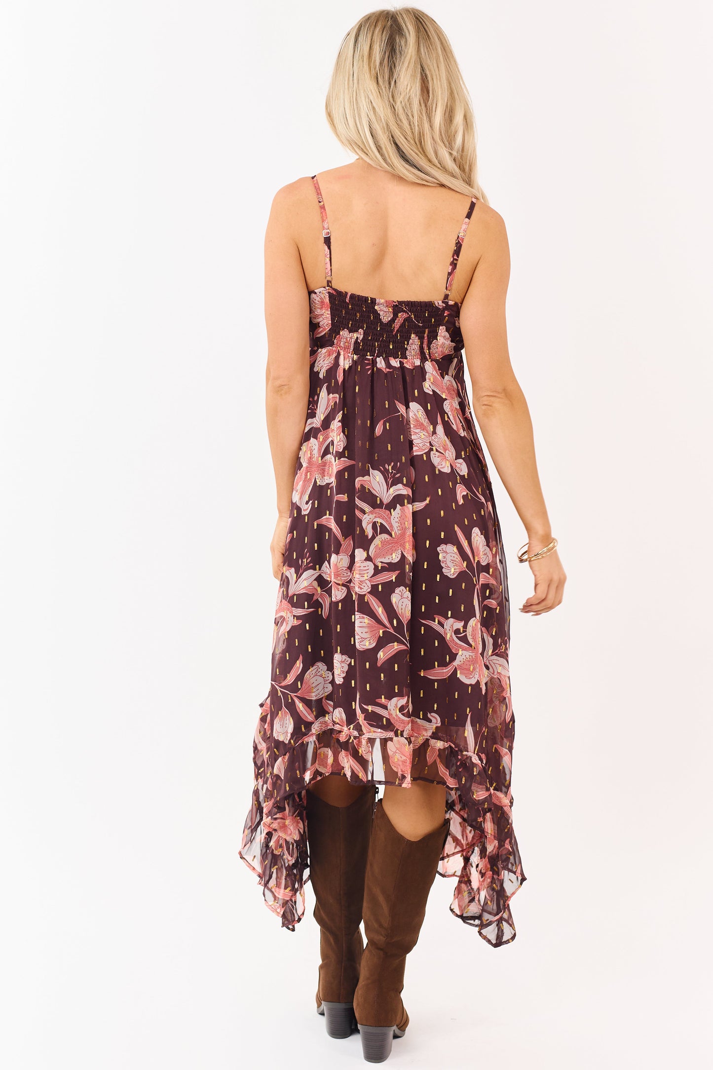 Chocolate Floral Print Lurex Swiss Dot Maxi Dress