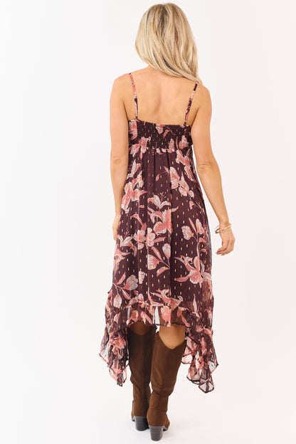 Chocolate Floral Print Lurex Swiss Dot Maxi Dress