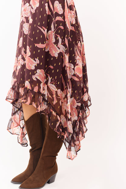 Chocolate Floral Print Lurex Swiss Dot Maxi Dress